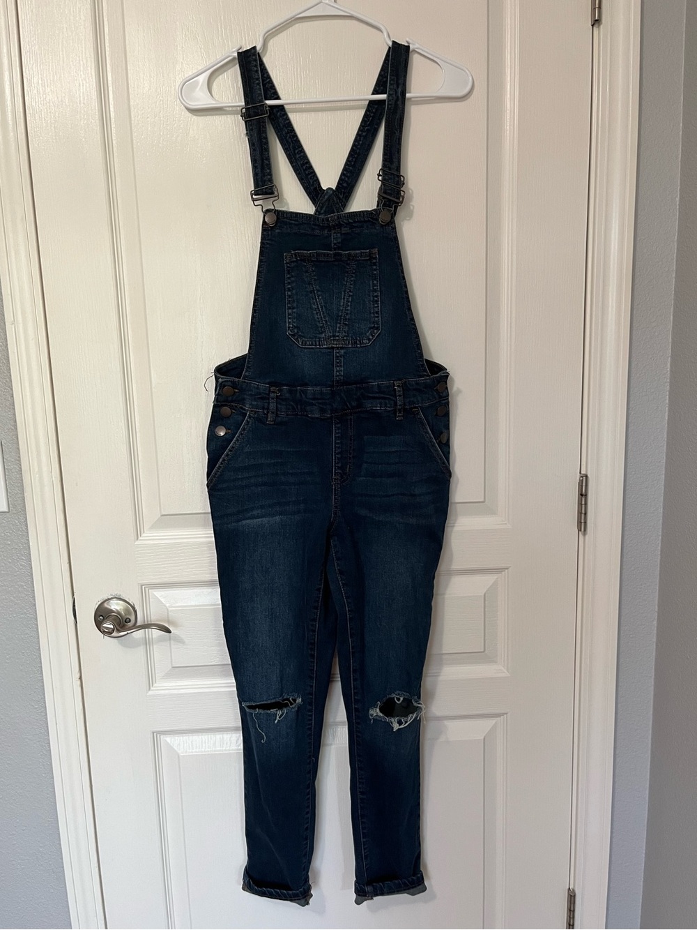 refuge Indigo Denim Overalls with Knee Rips
